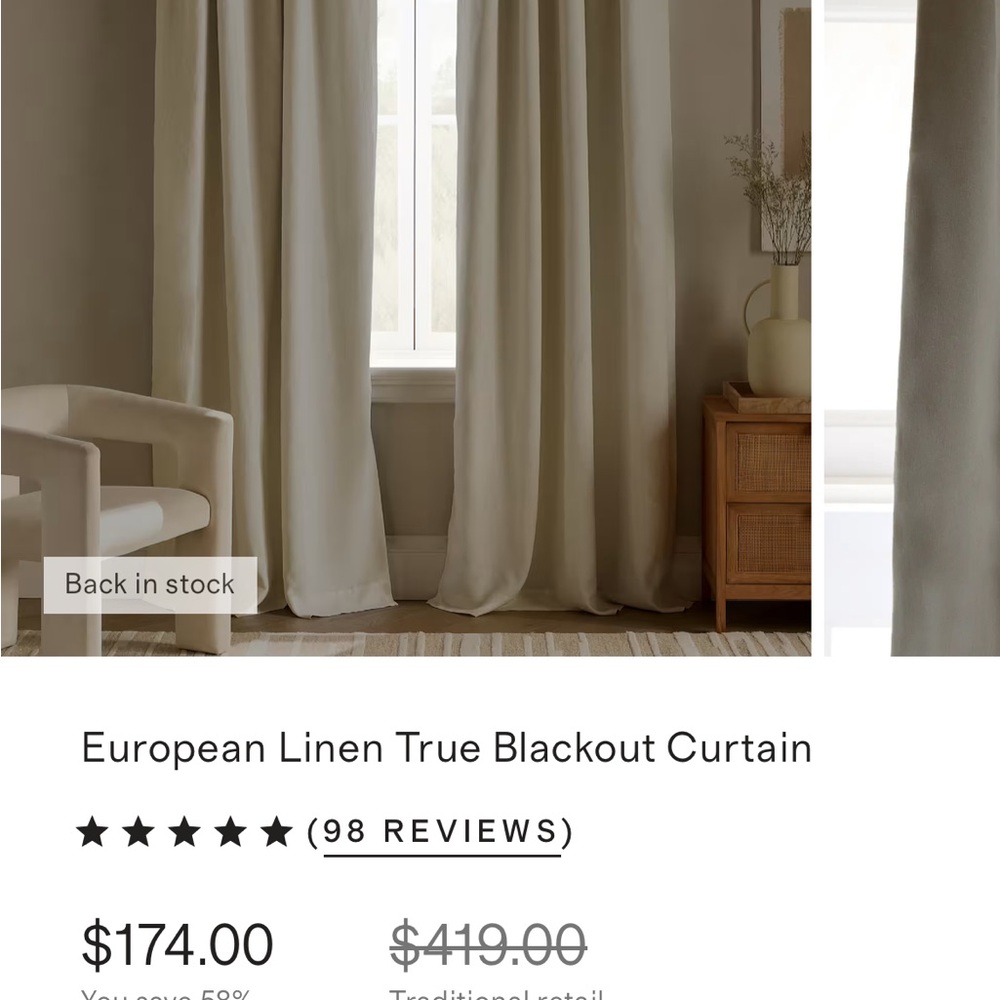 European Linen True Blackout Curtain - Ivory